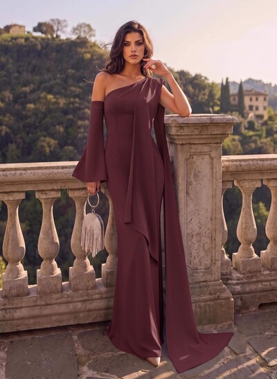 Sheath/Column One-Shoulder Elastic Satin Evening Dresses With Sweeping Side Drape/Back Slit