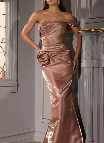 Trumpet/Mermaid Off-The-Shoulder Floor-Length Liquid Satin Evening Dresses With Flower(s)
