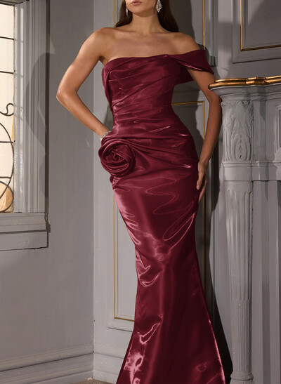 Trumpet/Mermaid Off-The-Shoulder Floor-Length Liquid Satin Evening Dresses With Flower(s)