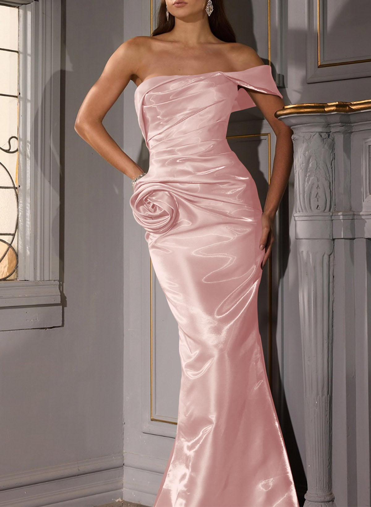 Trumpet/Mermaid Off-The-Shoulder Floor-Length Liquid Satin Evening Dresses With Flower(s)