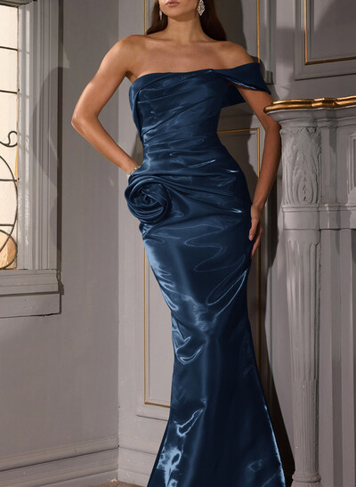 Trumpet/Mermaid Off-The-Shoulder Floor-Length Liquid Satin Evening Dresses With Flower(s)