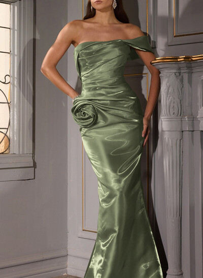 Trumpet/Mermaid Off-The-Shoulder Floor-Length Liquid Satin Evening Dresses With Flower(s)