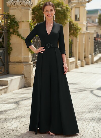 Jumpsuit Pantsuit V-Neck 3/4 Sleeves Floor-Length Elastic Satin Evening Dresses With Flower(s)