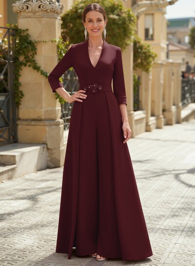 Jumpsuit Pantsuit V-Neck 3/4 Sleeves Floor-Length Elastic Satin Evening Dresses With Flower(s)