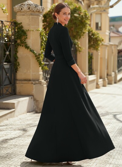 Jumpsuit Pantsuit V-Neck 3/4 Sleeves Floor-Length Elastic Satin Evening Dresses With Flower(s)