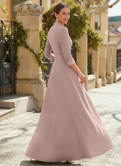 Jumpsuit Pantsuit V-Neck 3/4 Sleeves Floor-Length Elastic Satin Evening Dresses With Flower(s)