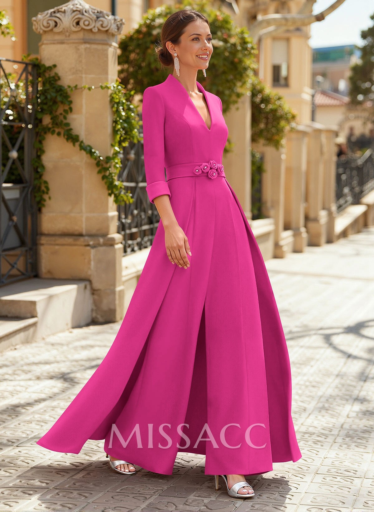 Jumpsuit Pantsuit V-Neck 3/4 Sleeves Floor-Length Elastic Satin Evening Dresses With Flower(s) Jumpsuit Pantsuit V-Neck 3/4 Sleeves Floor-Length Elastic Satin Evening Dresses With Flower(s)