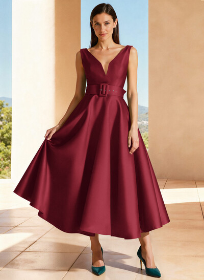 Ball-Gown Plunge Neck Sleeveless Ankle-Length Satin Evening Dresses With