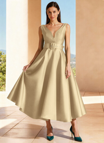 Ball-Gown Plunge Neck Sleeveless Ankle-Length Satin Evening Dresses With