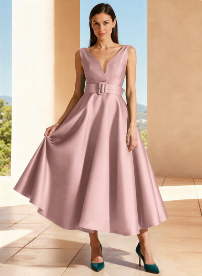 Ball-Gown Plunge Neck Sleeveless Ankle-Length Satin Evening Dresses With