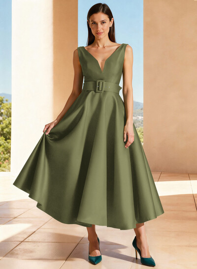 Ball-Gown Plunge Neck Sleeveless Ankle-Length Satin Evening Dresses With