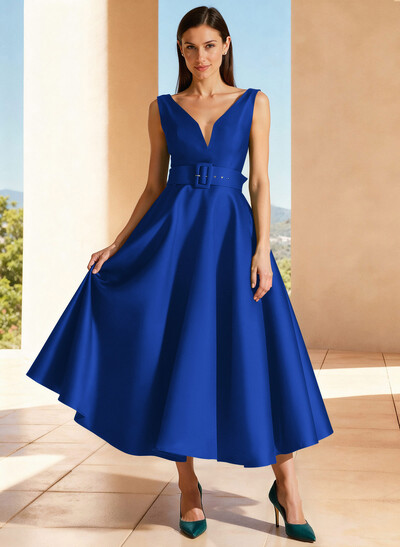 Ball-Gown Plunge Neck Sleeveless Ankle-Length Satin Evening Dresses With