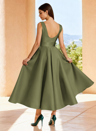 Ball-Gown Plunge Neck Sleeveless Ankle-Length Satin Evening Dresses With