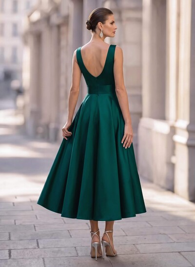 Ball-Gown Plunge Neck Sleeveless Ankle-Length Satin Evening Dresses With
