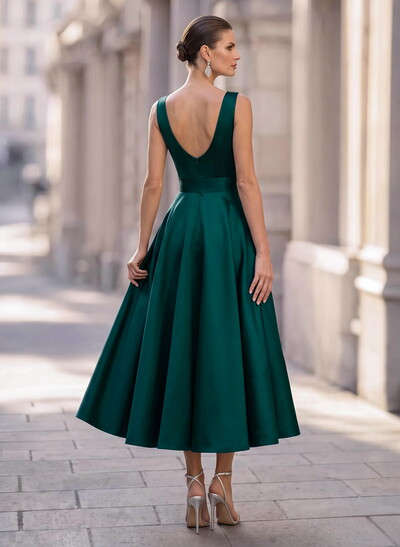 Ball-Gown Plunge Neck Sleeveless Ankle-Length Satin Evening Dresses With