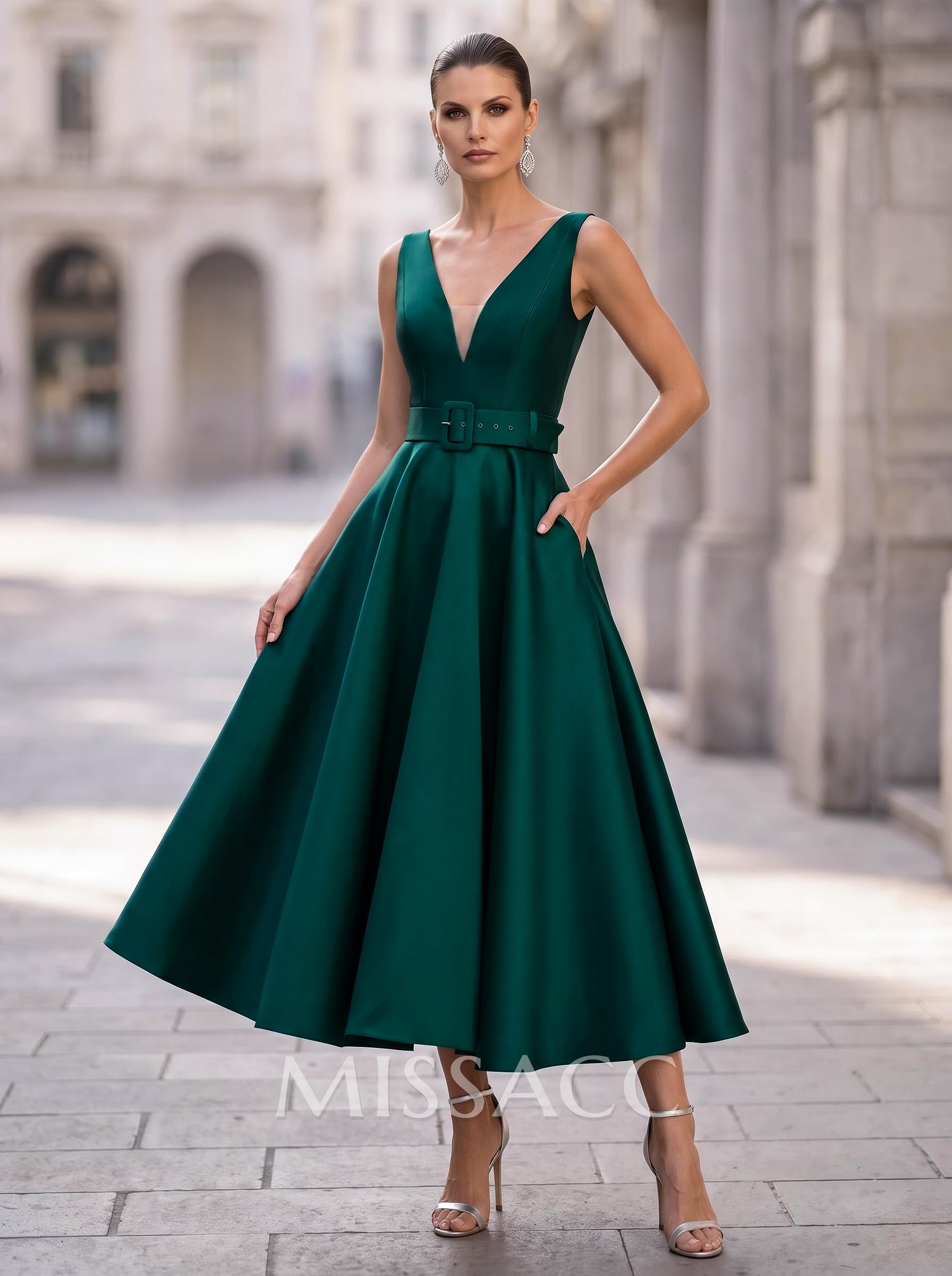 Ball-Gown Plunge Neck Sleeveless Ankle-Length Satin Evening Dresses With Ball-Gown Plunge Neck Sleeveless Ankle-Length Satin Evening Dresses With