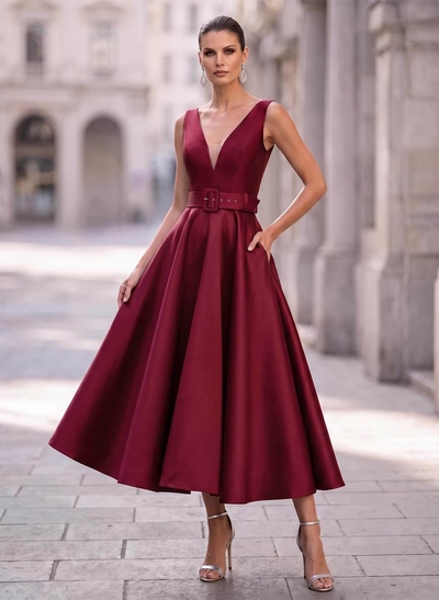 Ball-Gown Plunge Neck Sleeveless Ankle-Length Satin Evening Dresses With