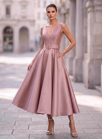 Ball-Gown Plunge Neck Sleeveless Ankle-Length Satin Evening Dresses With