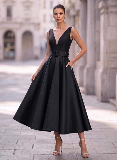 Ball-Gown Plunge Neck Sleeveless Ankle-Length Satin Evening Dresses With