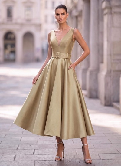 Ball-Gown Plunge Neck Sleeveless Ankle-Length Satin Evening Dresses With