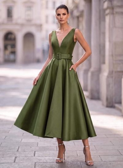 Ballgown Plunge Neck Sleeveless Ankle-Length Satin Formal Evening Dresses With