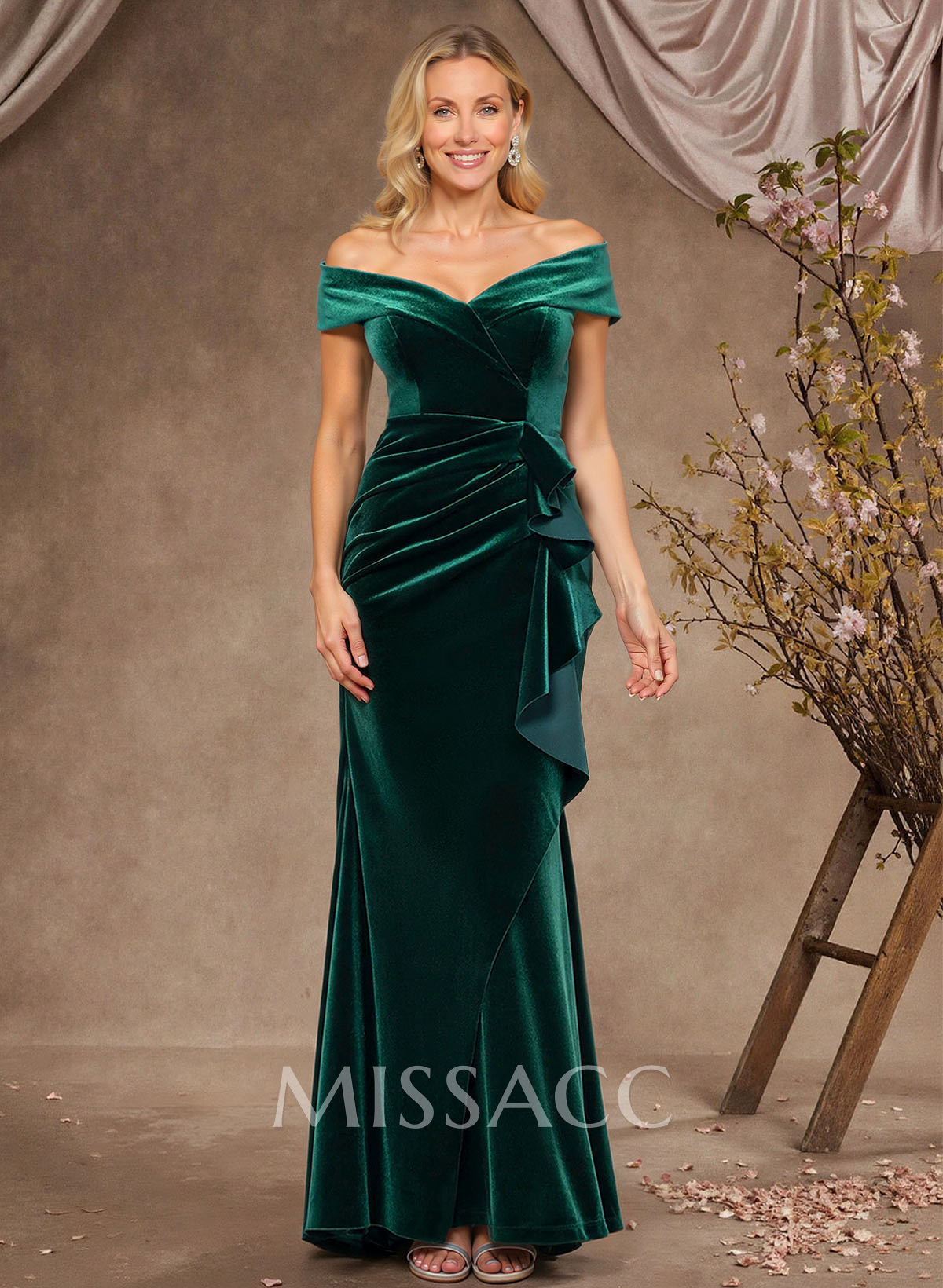 Sheath Column Sleeveless Floor-Length Velvet Evening Dresses With Sweeping Side Drape