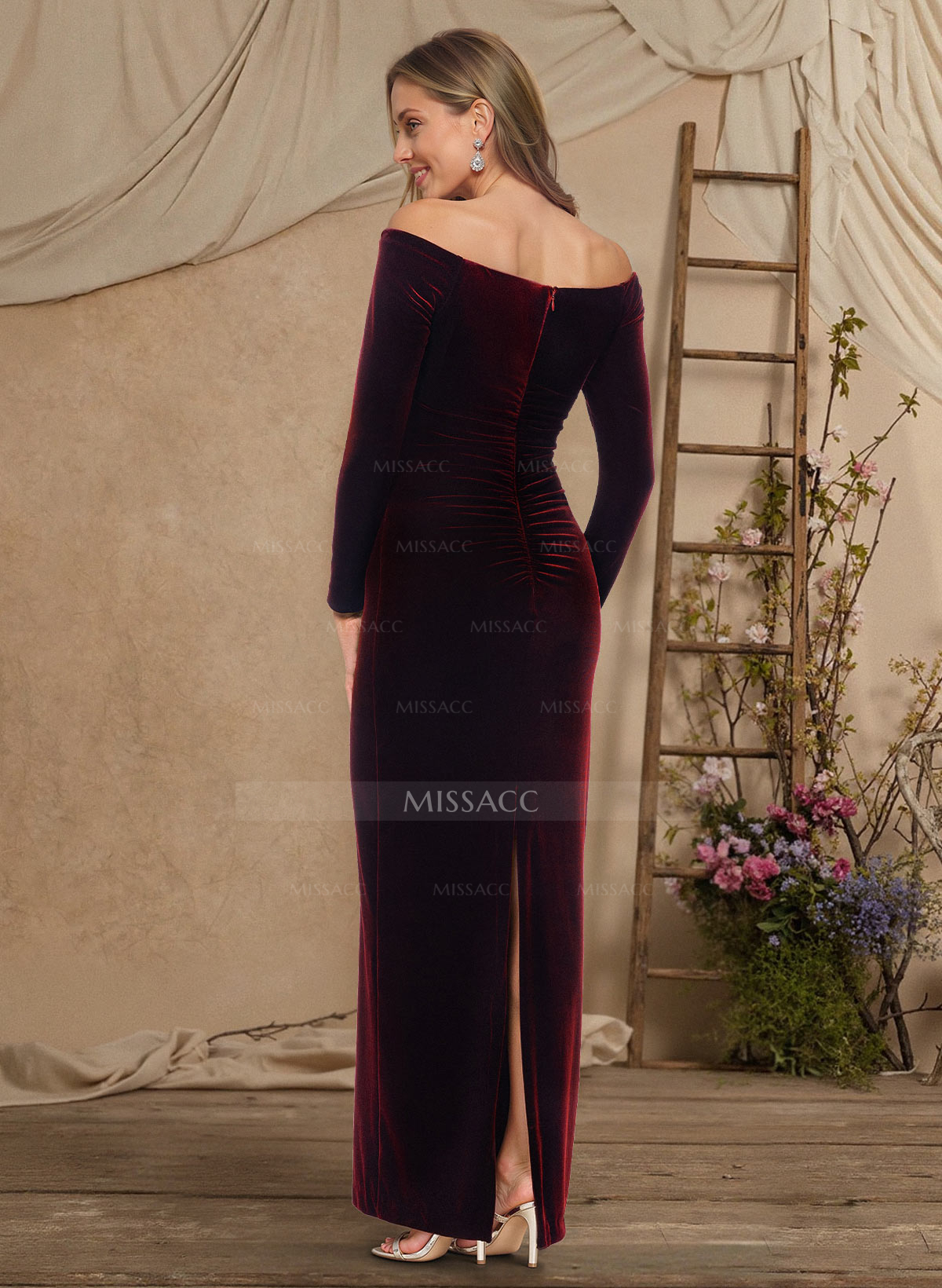 Sheath Column Off-The-Shoulder Long Sleeves Floor-Length Velvet Evening Dresses With