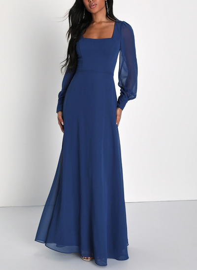 A-Line Square Neckline Long Sleeves Floor-Length Chiffon Evening Dresses With Bubble Hem