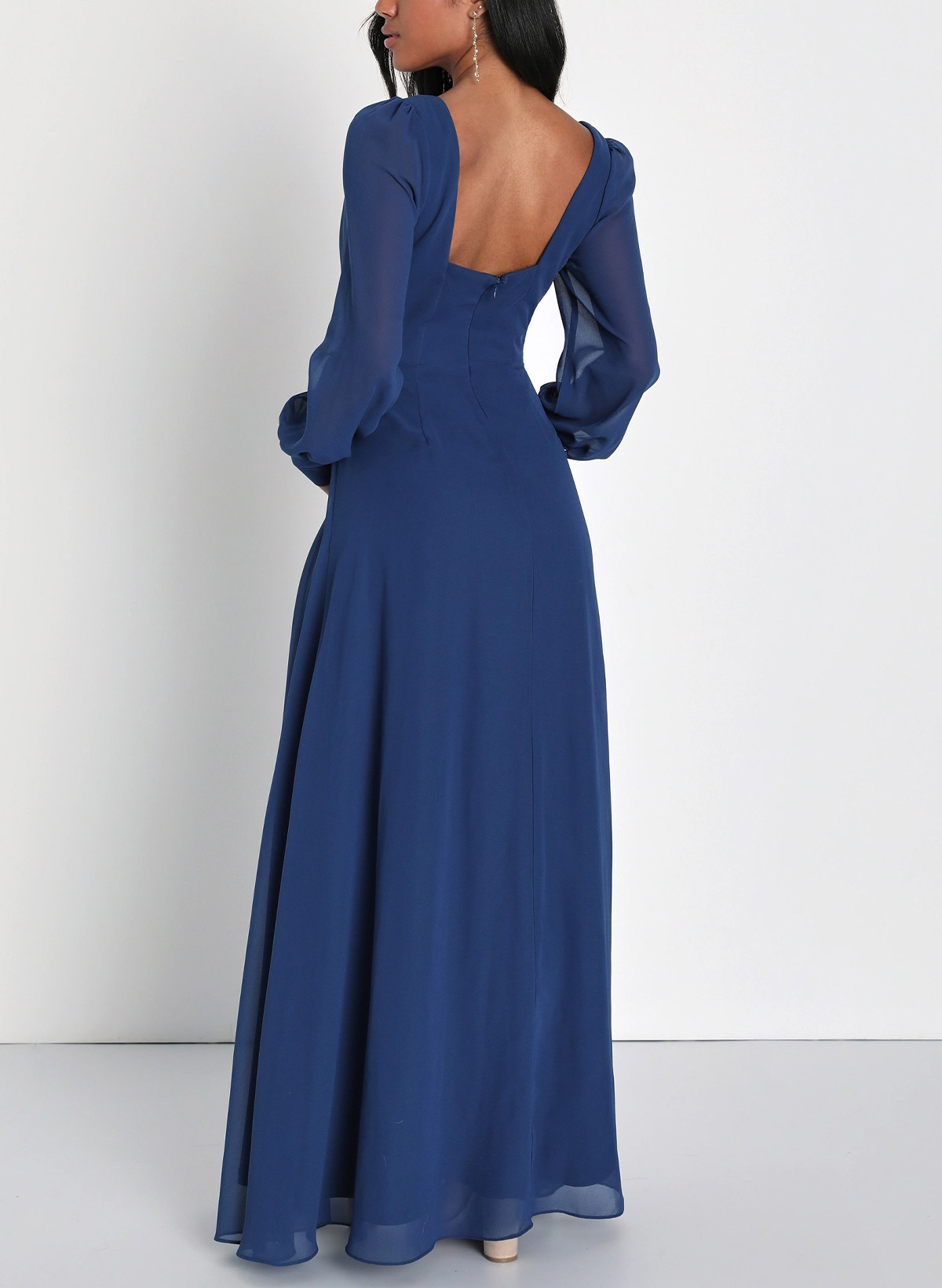 A-Line Square Neckline Long Sleeves Floor-Length Chiffon Evening Dresses With Bubble Hem