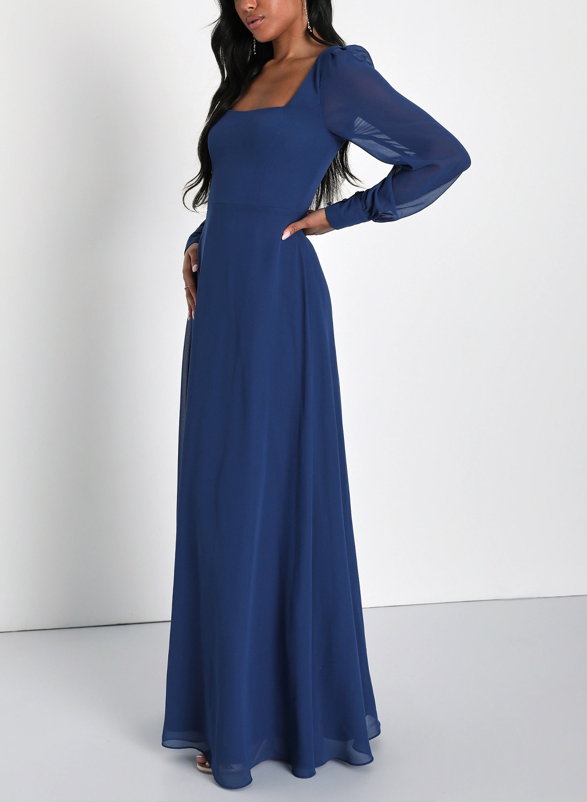 A-Line Square Neckline Long Sleeves Floor-Length Chiffon Evening Dresses With Bubble Hem