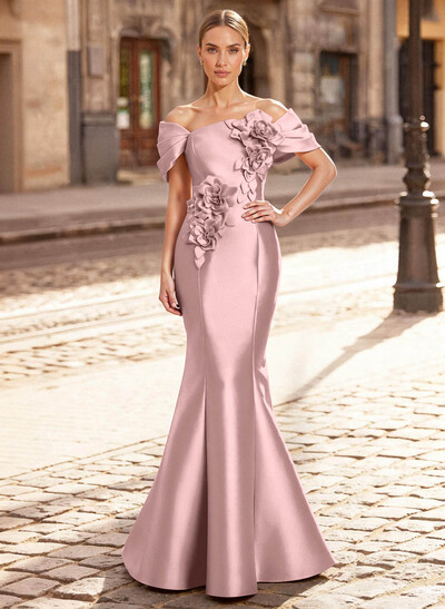 Elegant Off-The-Shoulder Sleeveless Mermaid Sweep Train Satin Evening Dresses With Flower(s)
