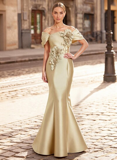 Elegant Off-The-Shoulder Sleeveless Mermaid Sweep Train Satin Evening Dresses With Flower(s)