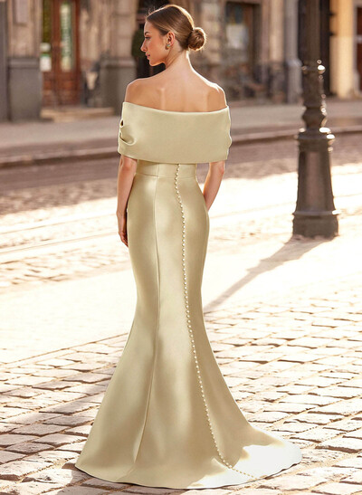 Elegant Off-The-Shoulder Sleeveless Mermaid Sweep Train Satin Evening Dresses With Flower(s)