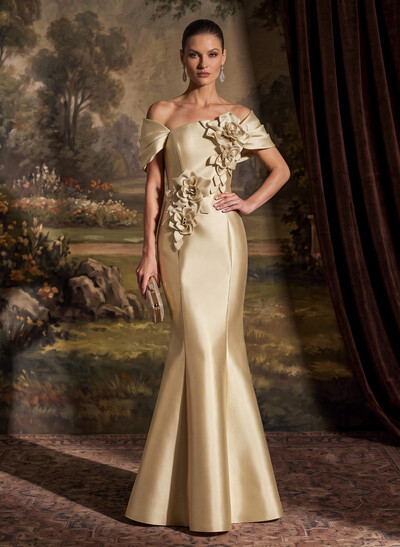 Elegant Off-The-Shoulder Sleeveless Mermaid Sweep Train Satin Evening Dresses With Flower(s)