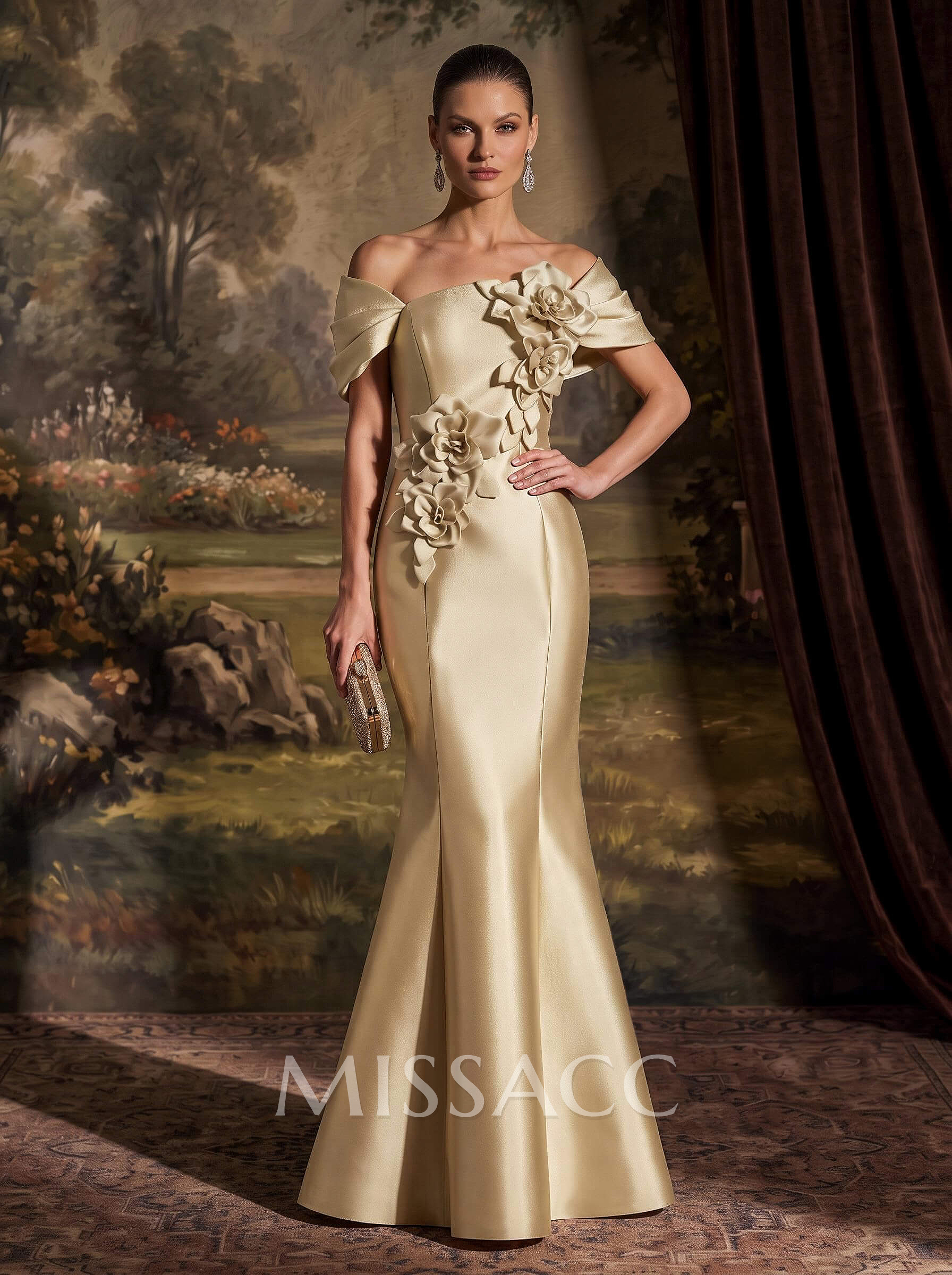 Elegant Off-The-Shoulder Sleeveless Mermaid Sweep Train Satin Evening Dresses With Flower(s)
