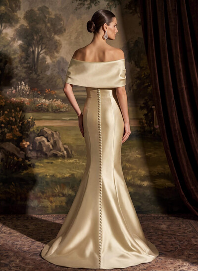 Elegant Off-The-Shoulder Sleeveless Mermaid Sweep Train Satin Evening Dresses With Flower(s)