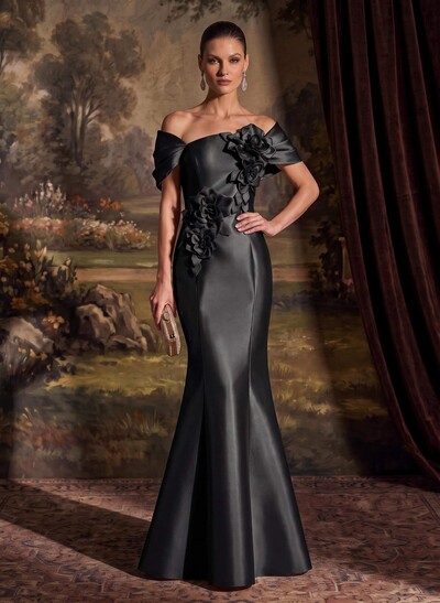 Elegant Off-The-Shoulder Sleeveless Mermaid Sweep Train Satin Evening Dresses With Flower(s)