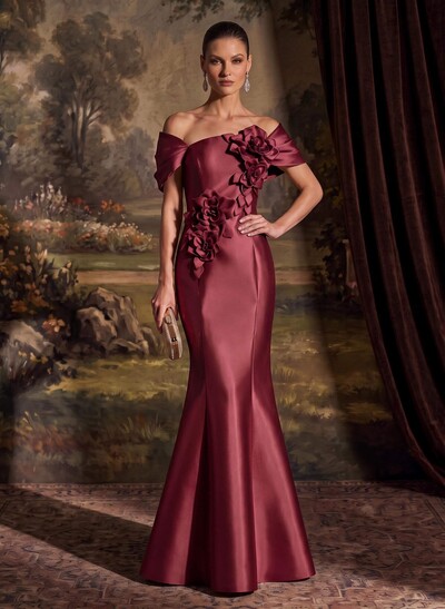 Elegant Off-The-Shoulder Sleeveless Mermaid Sweep Train Satin Evening Dresses With Flower(s)