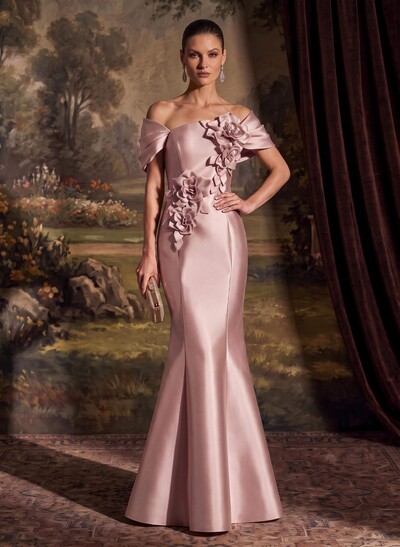 Elegant Off-The-Shoulder Sleeveless Mermaid Sweep Train Satin Evening Dresses With Flower(s)