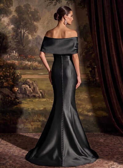 Elegant Off-The-Shoulder Sleeveless Mermaid Sweep Train Satin Evening Dresses With Flower(s)