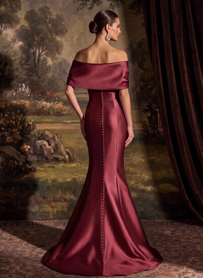Elegant Off-The-Shoulder Sleeveless Mermaid Sweep Train Satin Evening Dresses With Flower(s)