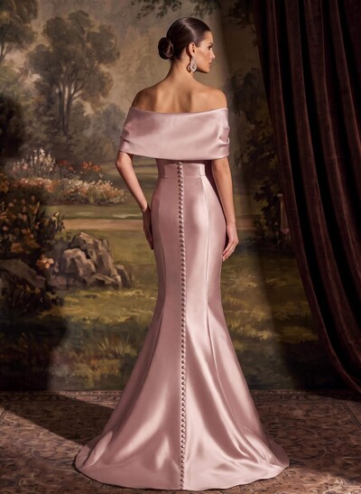 Elegant Off-The-Shoulder Sleeveless Mermaid Sweep Train Satin Evening Dresses With Flower(s)