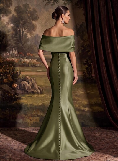 Elegant Off-The-Shoulder Sleeveless Mermaid Sweep Train Satin Evening Dresses With Flower(s)