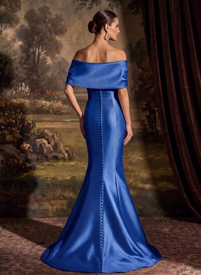 Elegant Off-The-Shoulder Sleeveless Mermaid Sweep Train Satin Evening Dresses With Flower(s)