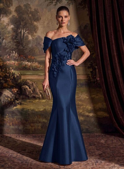 Elegant Off-The-Shoulder Sleeveless Mermaid Sweep Train Satin Evening Dresses With Flower(s)