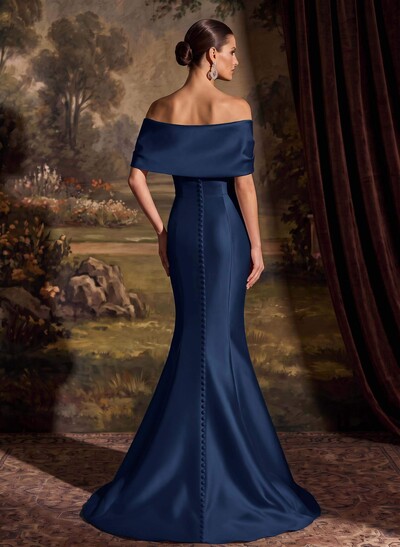 Elegant Off-The-Shoulder Sleeveless Mermaid Sweep Train Satin Evening Dresses With Flower(s)
