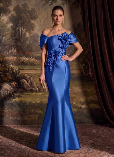 Elegant Off-The-Shoulder Sleeveless Mermaid Sweep Train Satin Evening Dresses With Flower(s)