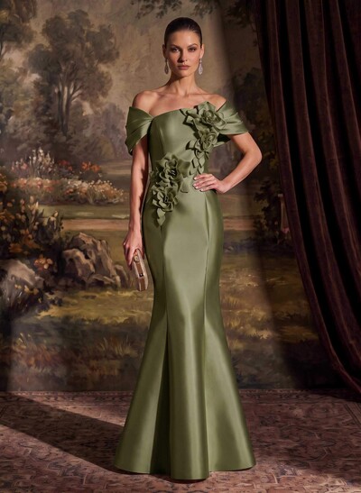 Elegant Off-The-Shoulder Sleeveless Mermaid Sweep Train Satin Evening Dresses With Flower(s)