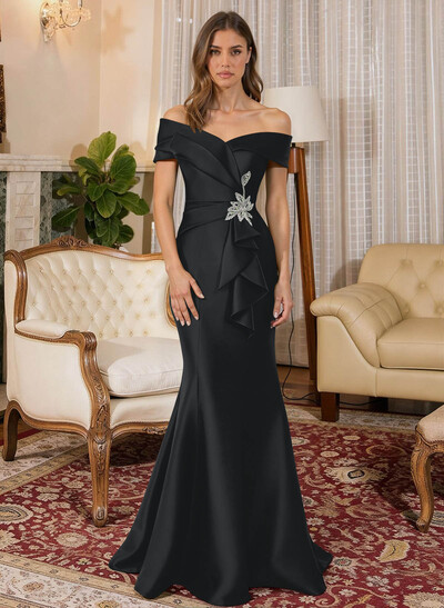 Trumpet Mermaid Off-The-Shoulder Sleeveless Sweep Train Satin Evening Dresses With Cascading Ruffles Rhinestone