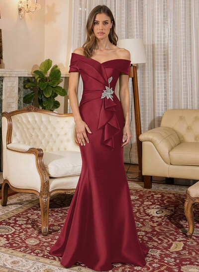 Trumpet Mermaid Off-The-Shoulder Sleeveless Sweep Train Satin Evening Dresses With Cascading Ruffles Rhinestone